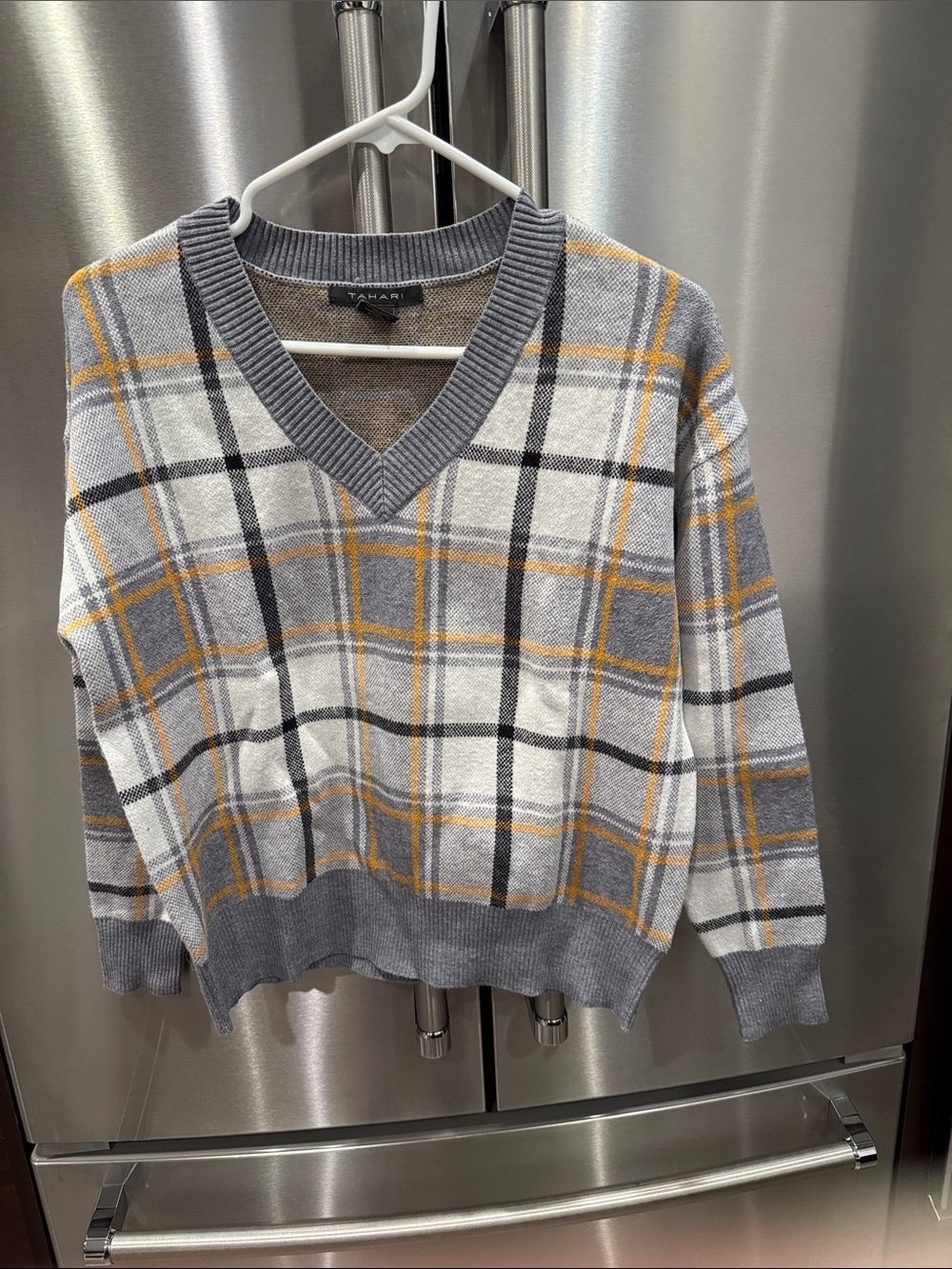Tahari Gray and Mustard Plaid V-Neck Sweater
